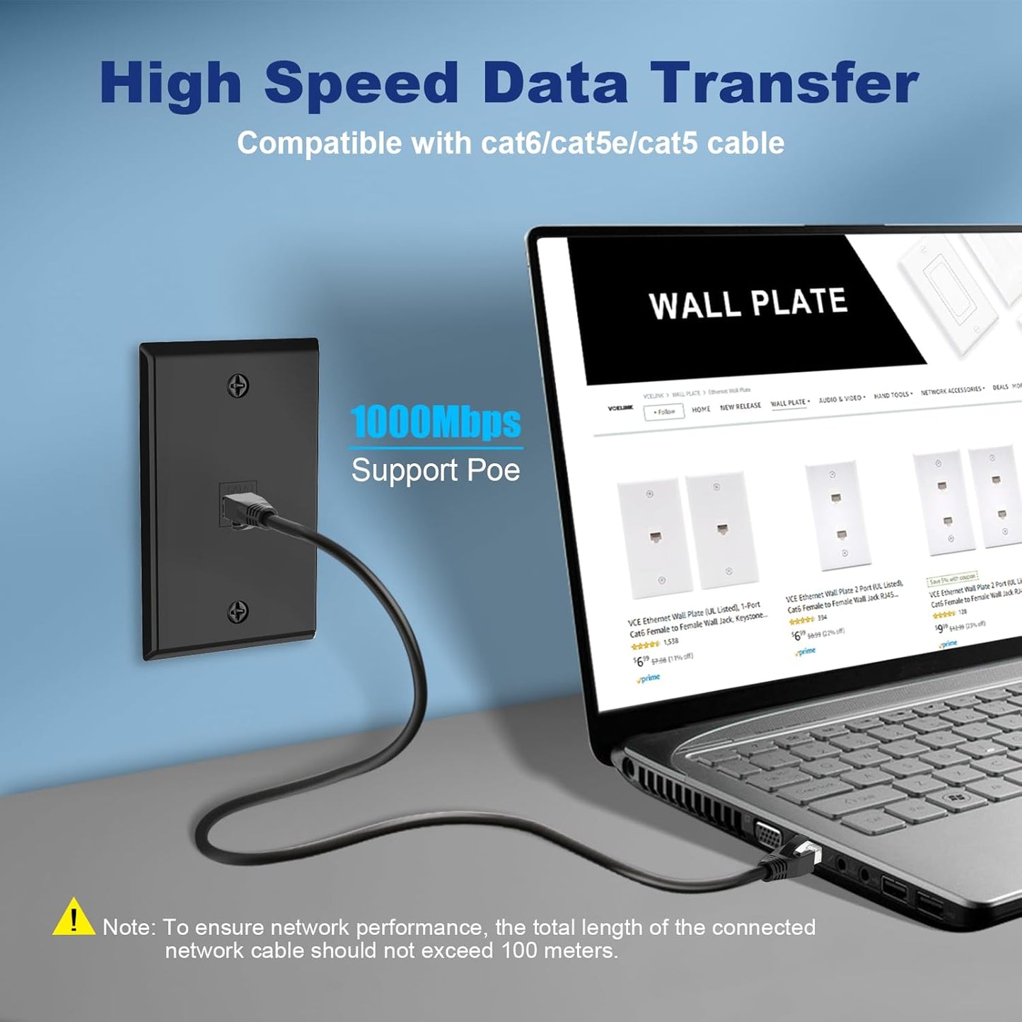 VCE Black Ethernet Wall Plate (UL-Listed), 1-Port CAT6 Wall Plate and Jack, RJ45 Keystone Wall Outlet with Single Gang Low Voltage Mounting Bracket, 2-Pack