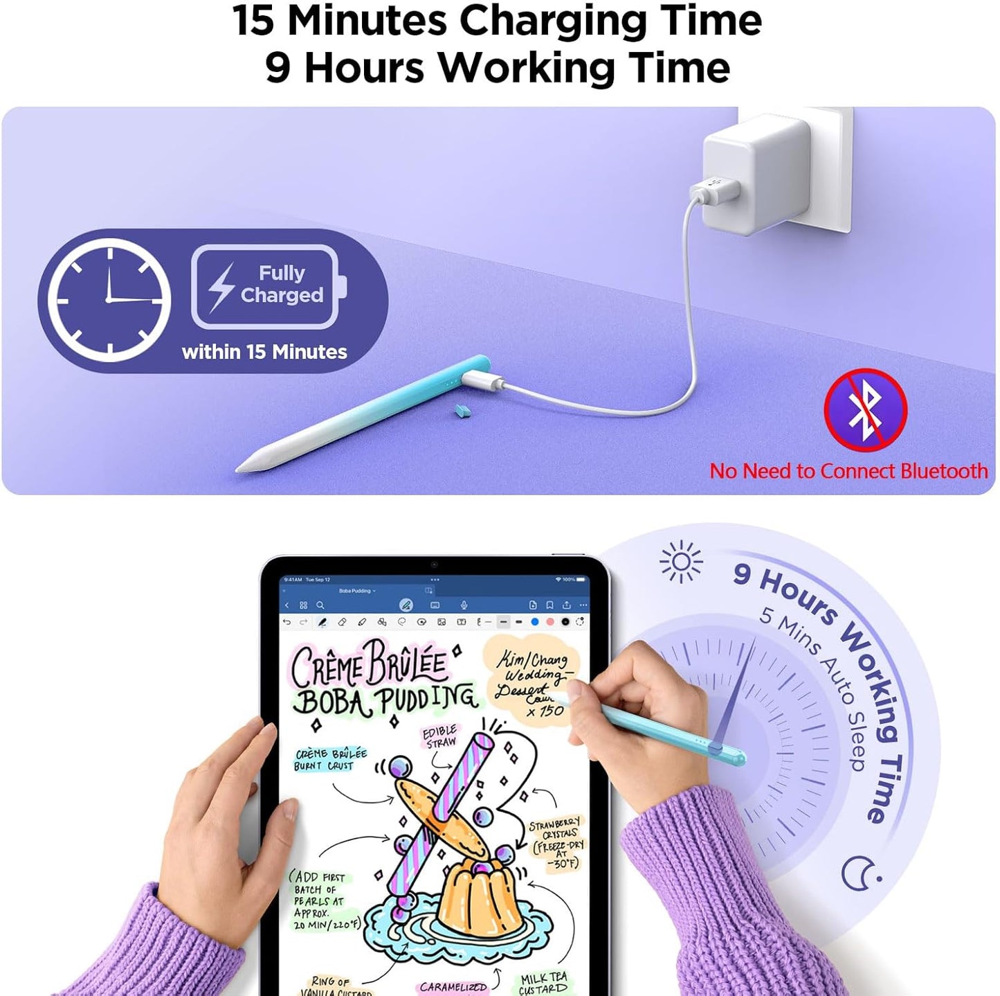 Stylus Pencil for iPad 2018-2024, 15Mins Fast Charge, Palm Rejection, Tilt Sensitivity - Compatible With iPad 10/9/8/7/6, Pro 12.9"/11"/13" M4, Air 5/4/3/11"-13" M2, Mini 6/5