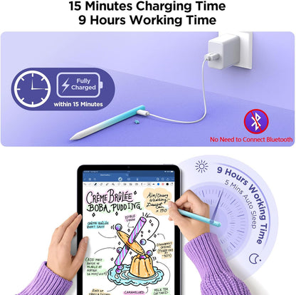 Stylus Pencil for iPad 2018-2024, 15Mins Fast Charge, Palm Rejection, Tilt Sensitivity - Compatible With iPad 10/9/8/7/6, Pro 12.9"/11"/13" M4, Air 5/4/3/11"-13" M2, Mini 6/5