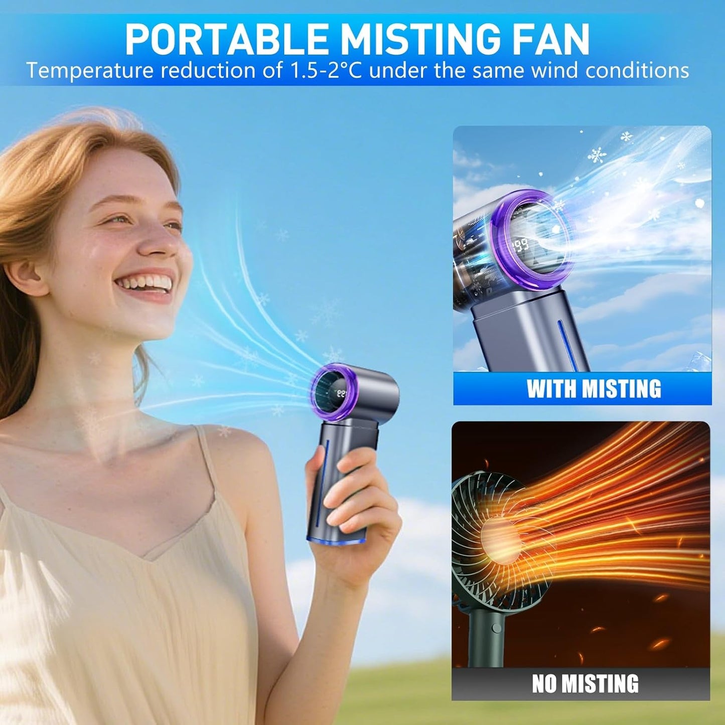 Portable Misting Fan - Mini Handheld Fan - 5000mAh Rechargeable Personal Mister Fans with Digital Display, 1-199 Speeds Adjustable, Birthday Gifts for Women Men Travel/Outdoor/Home/Office (Grey)