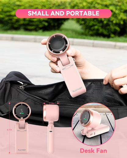 Portable Handheld Turbo Fan, 5-Speed Personal Fans, 5000mAh Rechargeable Fans Up to 12 Hours, Weight only 0.6lb Small Fan, Hand/Neck/Desk Fan 3 IN 1, Beach Vacation Essentials(Pink)