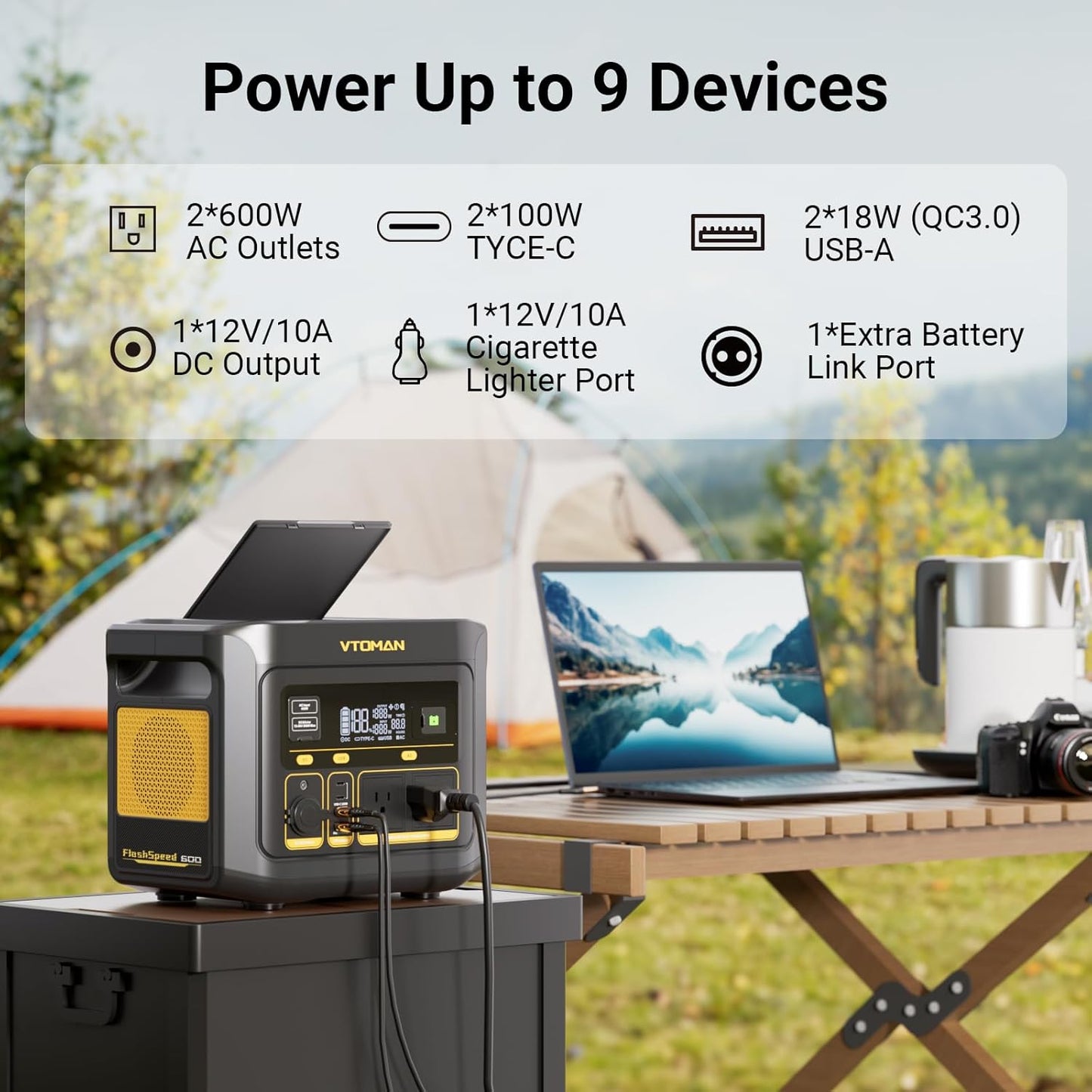 VTOMAN FlashSpeed 600 Portable Power Station 600W (1200W Peak) - 499Wh Solar Generator with LiFePO4 Battery Pack, 100W USB-C/110V AC, 60 Min Fast Charging 0-80% for Camping, Fishing, Blackout, RVs