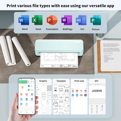 JADENS Portable Printers Wireless for Travel, Thermal Inkless Printer, Support 8.5" X 11" Thermal Paper(Green)
