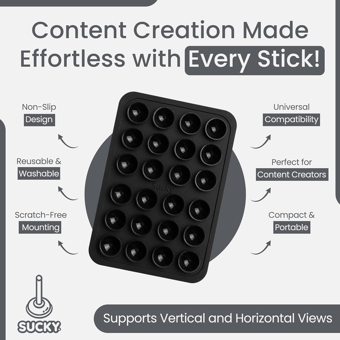 SUCKY Silicone Suction Phone Case Adhesive Mount - Anti-Slip Holder, Hands-Free Fidget Toy, Phone Accessory for iPhone and Android (Deep Black, Single Sided)