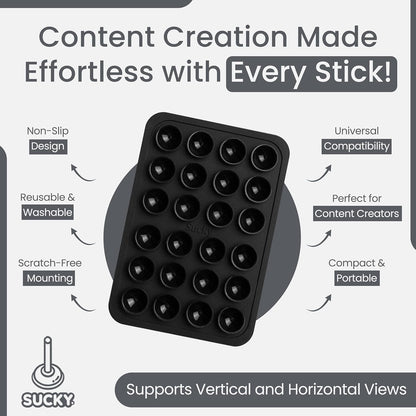 SUCKY Silicone Suction Phone Case Adhesive Mount - Anti-Slip Holder, Hands-Free Fidget Toy, Phone Accessory for iPhone and Android (Deep Black, Single Sided)
