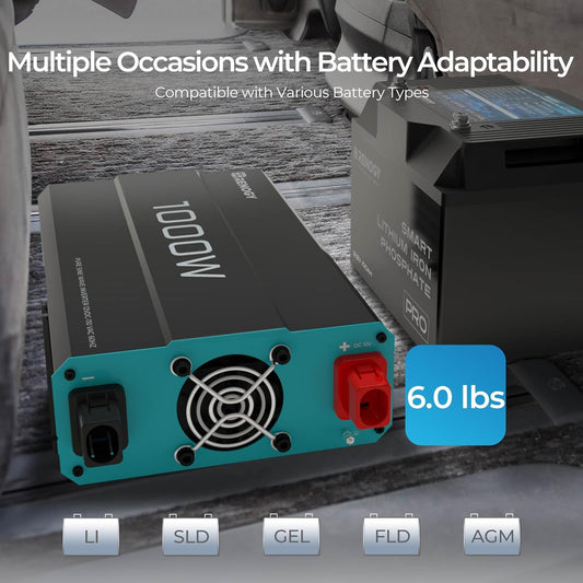 Renogy Inverter P2 1000 watt Pure Sine Wave Inverter, Solar Car Power Inverter 12V to 120V AC Converter for RV, Truck, Camping, Home Backup, Outdoor, Emergency, Off-Grid Living, 16.4FT Remote Control