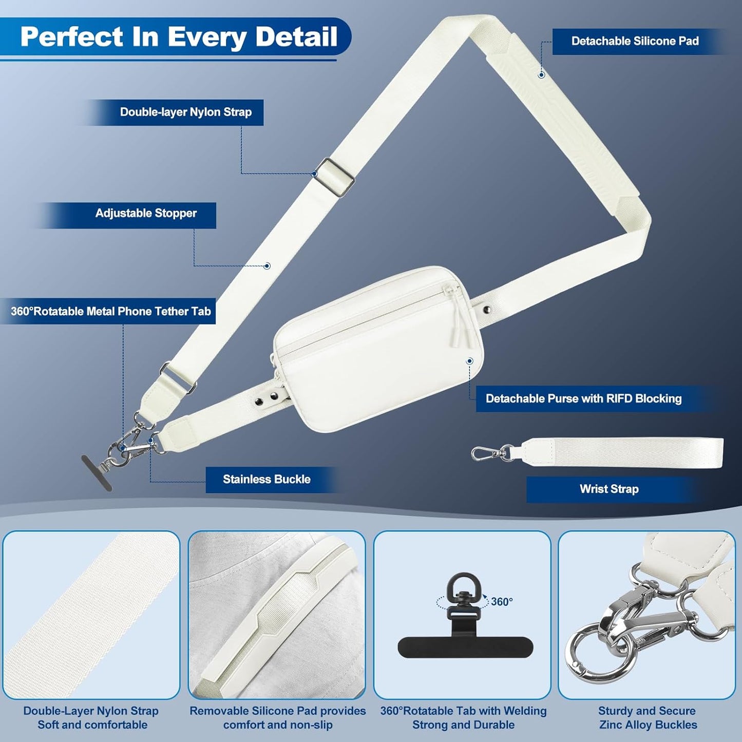 Clip and Go Strap for Phone with Wallet Crossbody, Adjustable Phone Lanyard with Detachable RFID Wristlet Wallet, Cream (L)