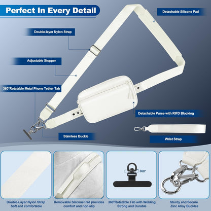 Clip and Go Strap for Phone with Wallet Crossbody, Adjustable Phone Lanyard with Detachable RFID Wristlet Wallet, Cream (L)