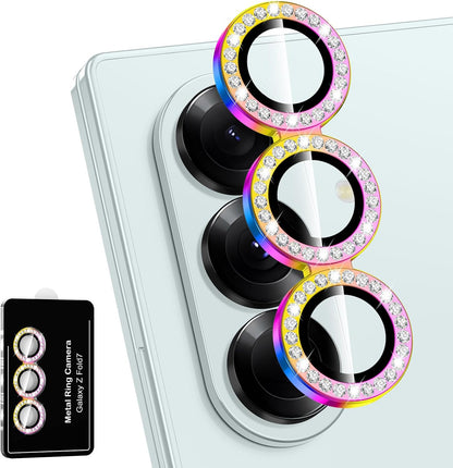 for Samsung Galaxy Z Fold 7 Camera Lens Protector, Individual Metal Ring Tempered Glass Lens Cover, [Strong Adsorption] Scratch Resistant Ultra-Thin HD Clear Lens Cover, 1 Set-Colorful Diamond
