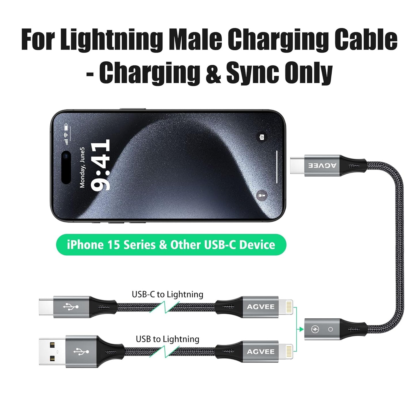 AGVEE 2 Pack 4 inch Lightning Female to USB C Male PD Adapter, 27W Fast Charger Charging Comverter for iPhone 15 16 Plus Pro Max Carplay, Samsung S25 S24 S23 S22, Not for Audio, Dark Gray