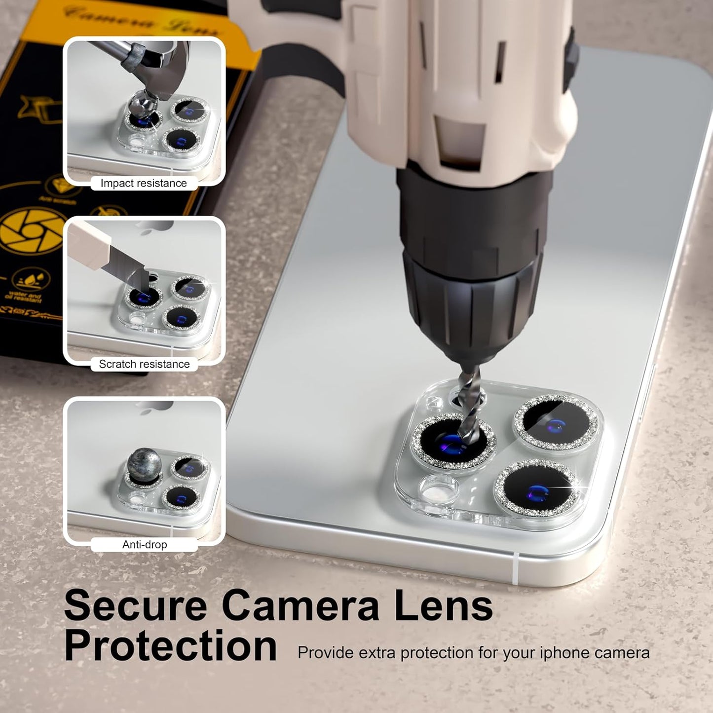 beuxece for 6 Pack iPhone 16 Pro/iPhone 16 Pro Max Camera Lens Protector [Drop Protection] [Case Friendly] [Easy Installation] 9H Tempered Glass Camera Screen Protector Cover, Glitter Silver