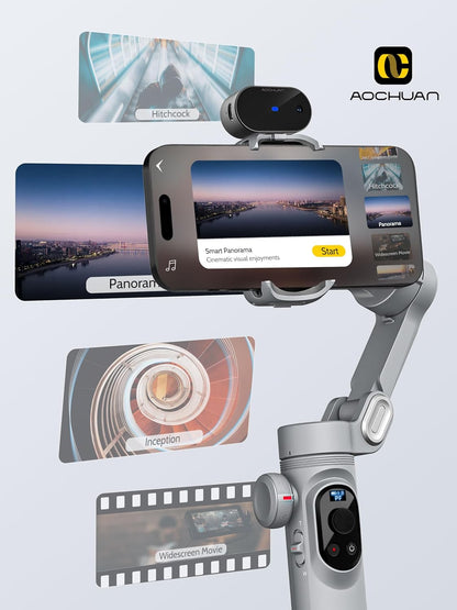 Gimbal Stabilizer for Smartphone AI Tracking(No App), 3-axis Gimbal with OLED Display/Built-in Light, Stabilizer for iPhone&Android, AOCHUAN X Pro Grey AI Version