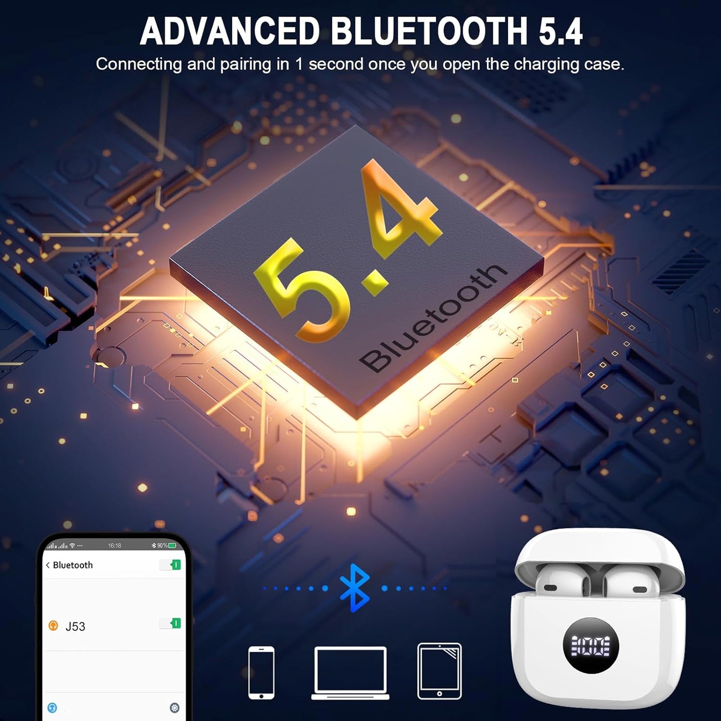 Wireless Earbuds, Bluetooth 5.4 Ear Buds LED Power Display Headphones Bass Stereo, Bluetooth Earbuds in-Ear Noise Cancelling Mic, 40H Playback Mini Case IP7 Waterproof Sports Earphones for Android iOS