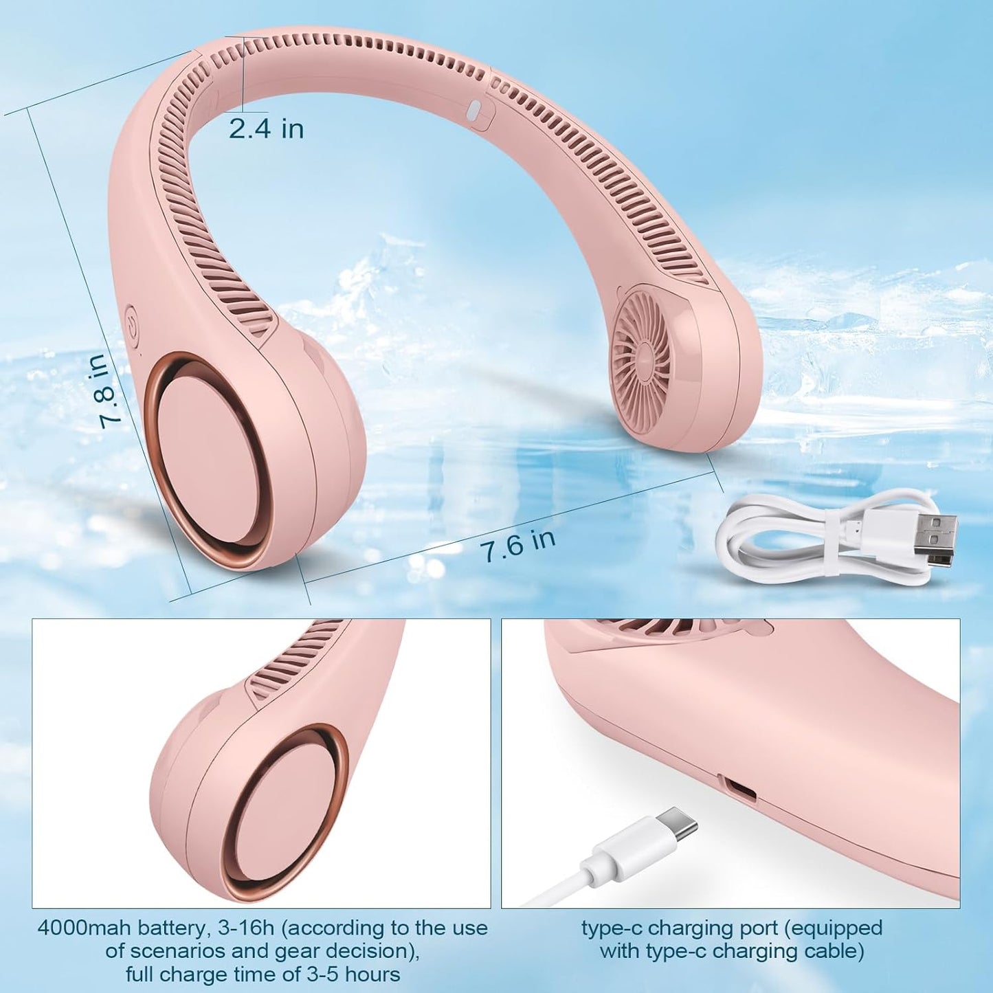 CIVPOWER Neck Fan: Portable Personal Neck Cooling Rechargeable Bladeless Fan - Hands Free 3 Speed 4000 mAh Battery USB Operated Wearable Headphone Design - for Men Women Outdoor Indoor (Pink)
