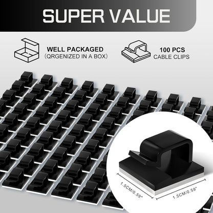 100PCS Cable Clips, Adhesive Wire Clips Strong Cord Clips Wire Holders, Cable Management Clips for Desk, Wall, Car, TV, Ethernet Cable (Black, Small)