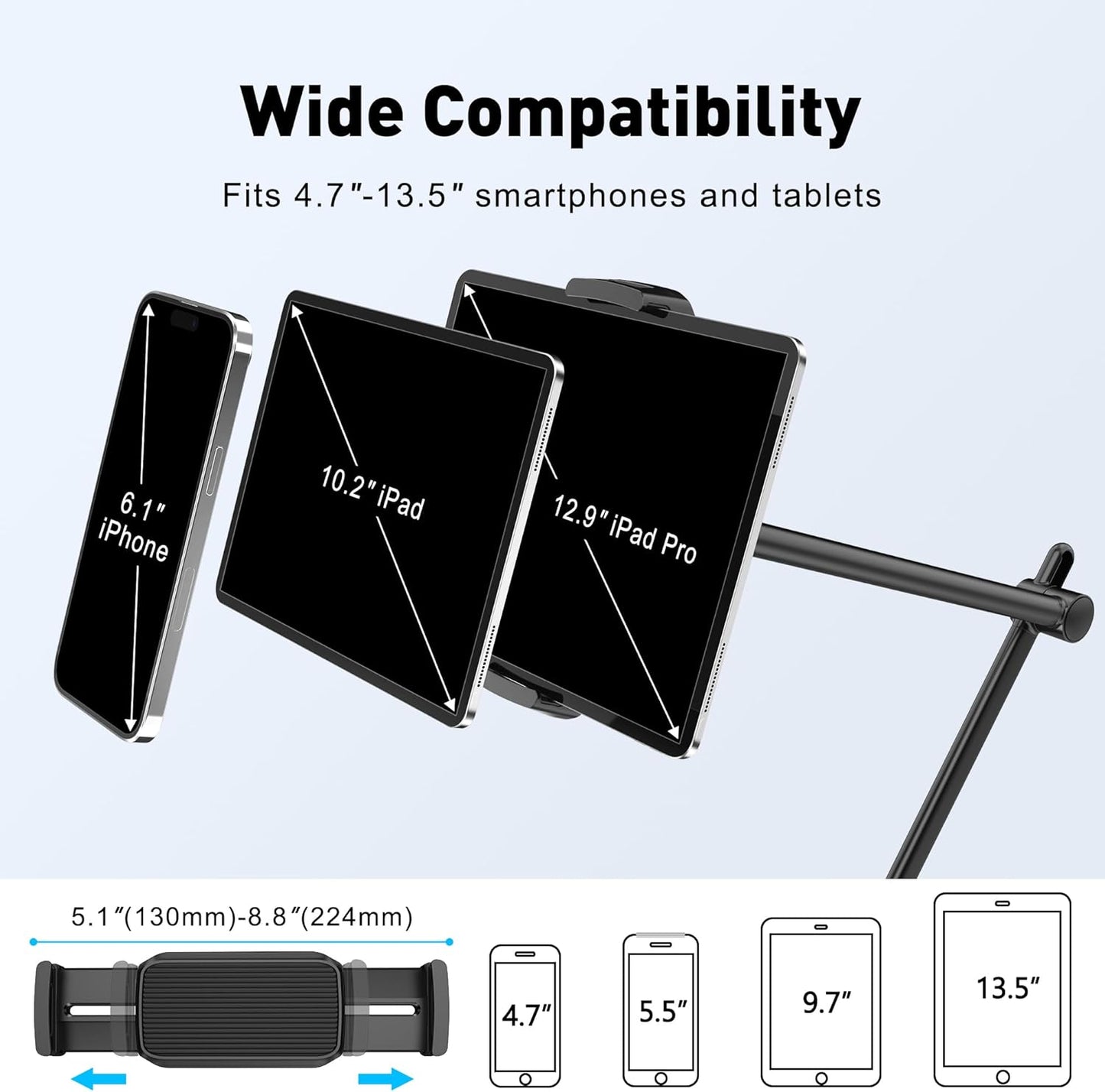 AboveTEK Tablet Stand Holder, Aluminum iPad Holder for Desk & Bed, Adjustable Arm Clamp Mount with 360° Rotation, Overhead Compatible with 4.7"-13.5" iPad Pro/Air/Mini, iPhone, Galaxy Tab- Black