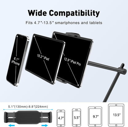 AboveTEK Tablet Stand Holder, Aluminum iPad Holder for Desk & Bed, Adjustable Arm Clamp Mount with 360° Rotation, Overhead Compatible with 4.7"-13.5" iPad Pro/Air/Mini, iPhone, Galaxy Tab- Black