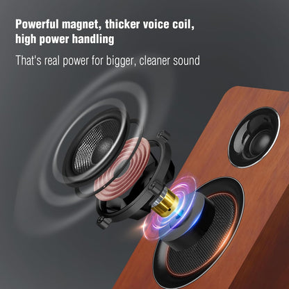 Computer Speakers for Desktop PC, Active Bookshelf Speaker with 3‘’ Carbon Fiber Woofer and Silk Film Tweeter ,Supports Bluetooth 5.3, USB-C, AUX/RCA Input for Record Player TV - Brown Stereo Set