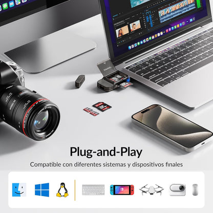 6-in-1 SD/TF Card Reader Adapter with USB A & Type C Port & USB 3.0 Slots for Micro SD/SDHC/SDXC/MMC Memory Cards, Compatible with PC, MacBook, Chromebook, Android Phone, i-Phone