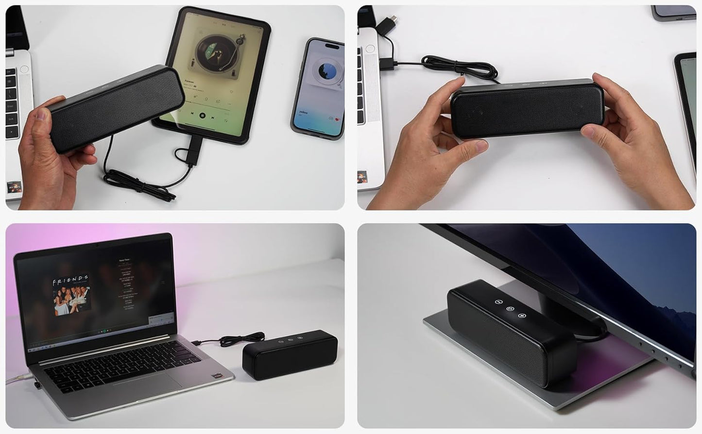 Computer Speakers for Desktop PC Laptop, Wired, USB Plug-in, External Speakers for Monitor, Small Computer Sound bar for PC, Loud Speaker with Deep Bass, Touch Control, Built-in USB-C to USB Adapter