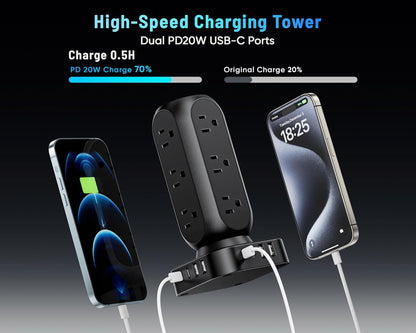 Dual PD 20W Power Strip Tower, TenTrend Surge Protector Power Strip with 12 AC Outlets & 8 USB Ports (4 USB C), 40W Desk Fast Charging Station, 10FT Flat Plug Extension Cord for Desk Office Dorm Room