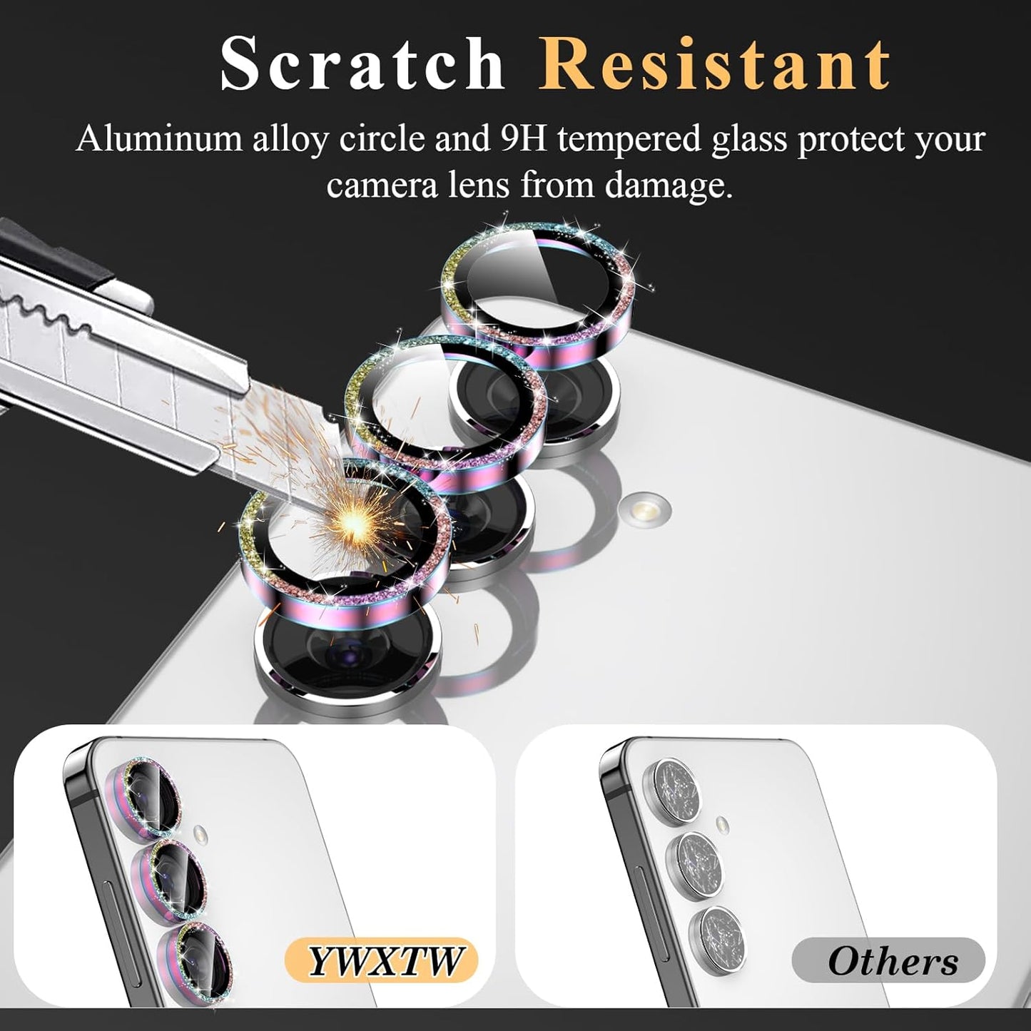 YWXTW Camera Lens Protector for Samsung Galaxy S24 / S23 / S23 Plus, [NOT for S24 Plus] 9H Tempered Glass Metal Individual Ring Camera Screen Protector for S24 Accessories (Colored Glitter)