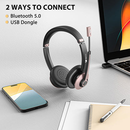 Wireless Headset with Mic for Work, Bluetooth Headphones with Microphone Noise Canceling & USB Dongle, Handsfree 26+ Hours Battery & Mute Button, for Office/Call Center/Laptop/MS Teams/Conference