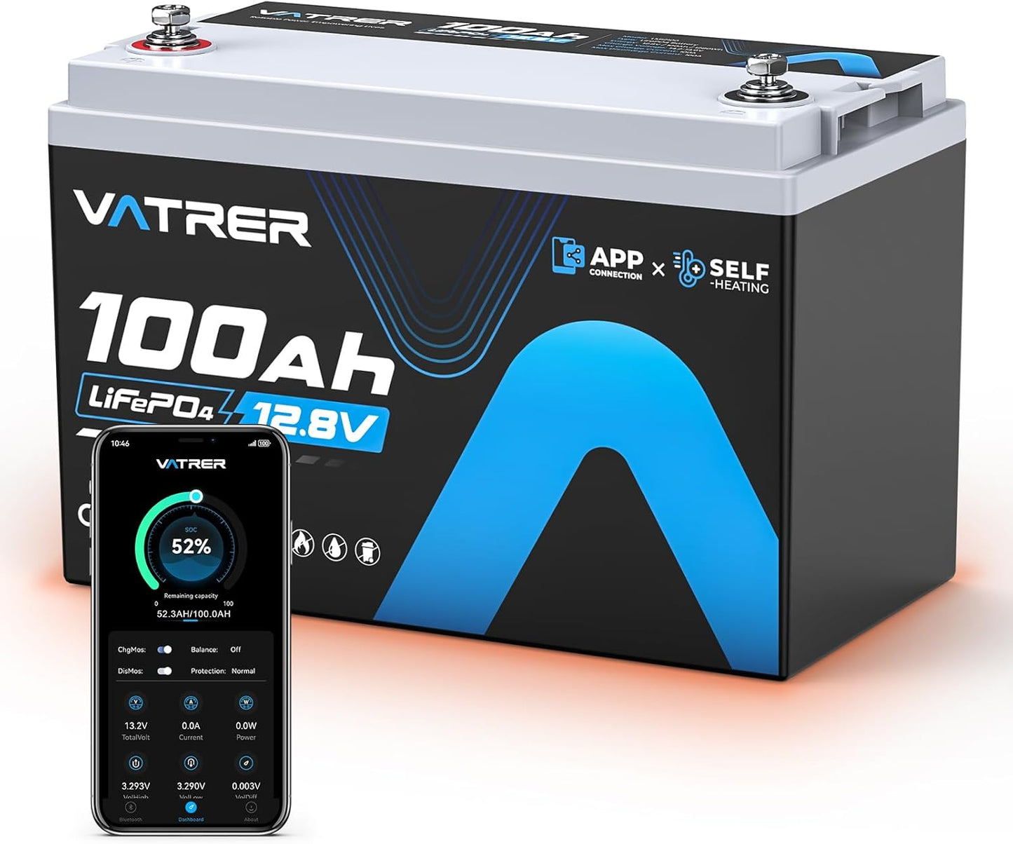 12.8V 100AH Group 31 Bluetooth LiFePO4 Lithium Battery with Self-Heating, Built-in 100A BMS, High/Low Temp Cutoff, Supports Low Temp Charging(-4°F), 5000+ Cycles, Perfect for RV/Camping,Off-Grid,Solar