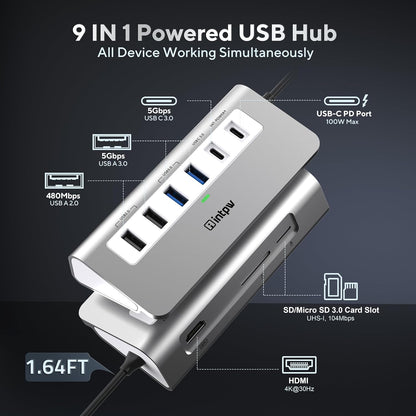 USB C Hub, INTPW 9-in-1 USB C Hub Multiport Adapter with 4K HDMI, PD 100W, Type-C and 2 USB A 3.0 5Gbps, 2 USB A 2.0, SD/TF Card Reader, Aluminum USB Hub for Laptop, iPhone 16/15 Series, MacBook, iPad