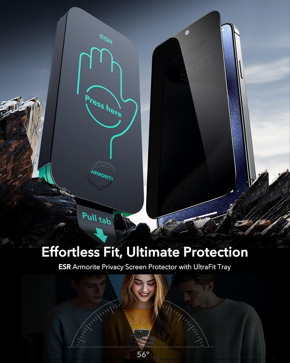 ESR 3 Pack 9H+ Glass for iPhone 15 Pro Max Privacy Screen Protector, [Military Grade Shatterproof & Longest Durable] Armorite Anti-spy Tempered Glass with UltraFit Tray