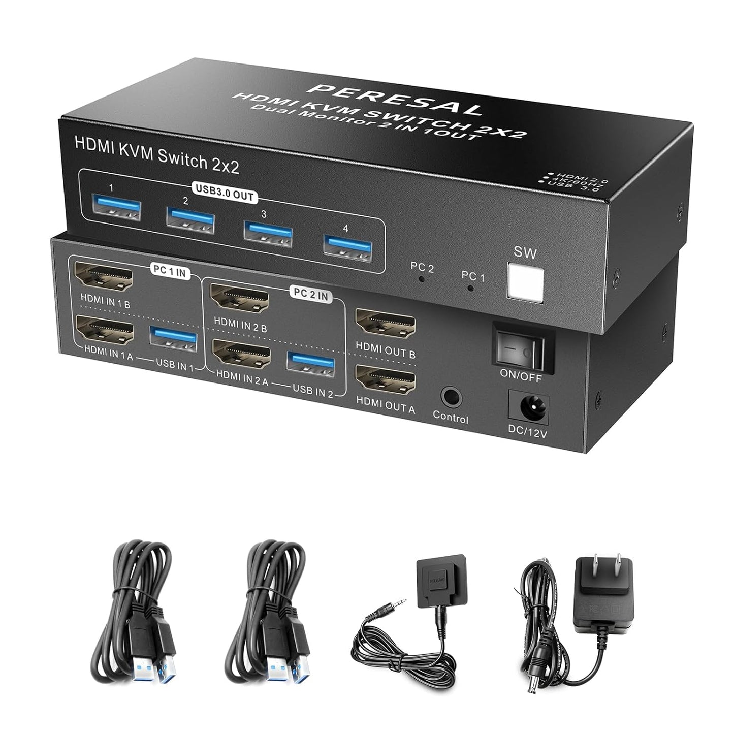 Dual Monitor HDMI KVM Switch, 2 Computers 4K60Hz Dual Monitor KVM Switches for Dual PC or Laptops,4 USB 3.0 Ports Support Extended/Copy Mode with DC 12V Adapter&Wired Controller