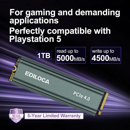 1TB M2 NVME SSD with Heatsink - PCIe Gen4.0 NVMe M.2 2280 3D NAND TLC, 5000MB/s Read, Internal Solid State Drive for PS5/PC, Dynamic SLC Cache, PS5 Storage Expansion, 5-Year Warranty(EN760)