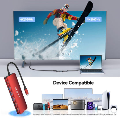 Acodot 9-in-1 USB C Hub Multiport Adapter - 4K@60HZ HDMI, 3 USB 3.0 Ports, SD/TF Card Reader, 100W PD for MacBook Pro Air HP XPS - Red