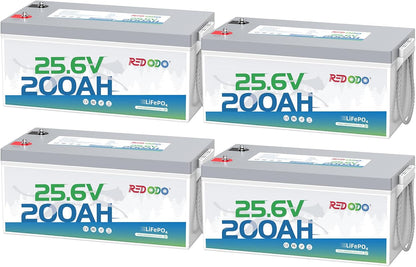 Redodo 24V 200Ah LiFePO4 Lithium Battery, Built in 200A BMS, Max. 5120Wh Energy, Up to 15000 Deep Cycle Lithium Battery, Perfect for Solar Home System, RV, Off Grid, Marine (4 Pack)