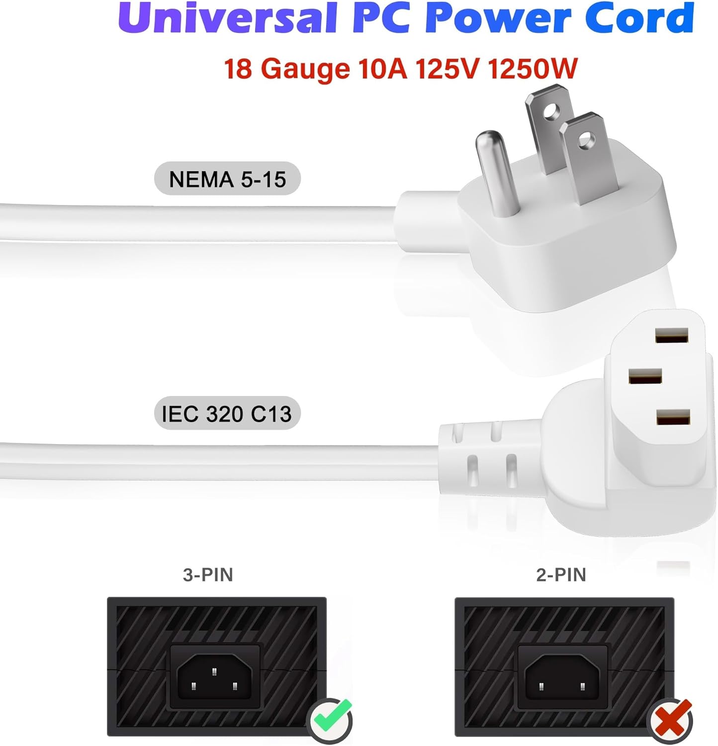 Adoreen 4 Ft Computer TV Replacement Power Cord White, Low Profile Flat Plug to 90 Degree Angled L-Shaped 18AWG 3-Prong AC Universal Power Supply Cable for Printer, PC, Monitor TV LCD, ETL+Ties