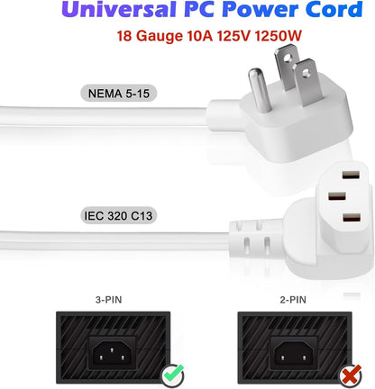 Adoreen 4 Ft Computer TV Replacement Power Cord White, Low Profile Flat Plug to 90 Degree Angled L-Shaped 18AWG 3-Prong AC Universal Power Supply Cable for Printer, PC, Monitor TV LCD, ETL+Ties