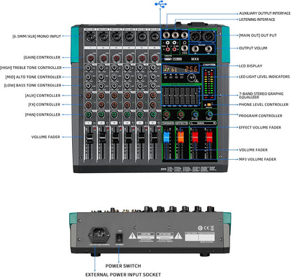 Depusheng MX6 6 Channel Sound Mixer Audio Mixing Console 48V 256DSP Professional USB PC Play Record Podcast Live Broadcast (US MX6)