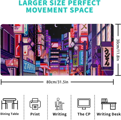 Dark Purple Japanese Gaming Mouse Pad Abstract Anime Mat 31.5x11.8 Inch Tokyo Pixel Street Texture Non-Slip Rubber Base Kawaii Mousepad Stitched Edges Keyboard Desk Pad for Office and Home Game