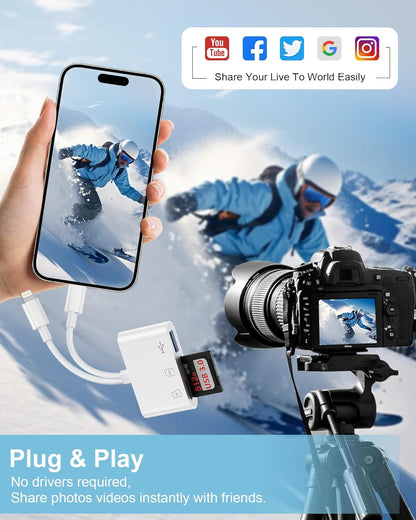 3 in 2 Lightning & USB-C SD Card Reader for iPhone 16 Pro Max 15 Plus 14, Dual Port OTG MicroSD Memory Card Reader Dongle Adapter with SD/TF/USB3.0 Slot for Camera iPad Galaxy S25 S24 MacBook Air/Pro