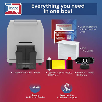 Bodno Seaory S26 Single Sided ID Card Printer & Complete Supplies Package ID Software and Camera - Silver Edition