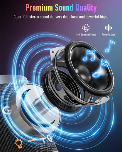 Portable Bluetooth Speaker Wireless with 9 Color Lights, 20H Playtime, Stereo Pairing, Deep Bass, IPX6 Waterproof, Bluetooth 5.3, Small Speaker for Home, Party, Outdoor, Camping, Beach, Gift