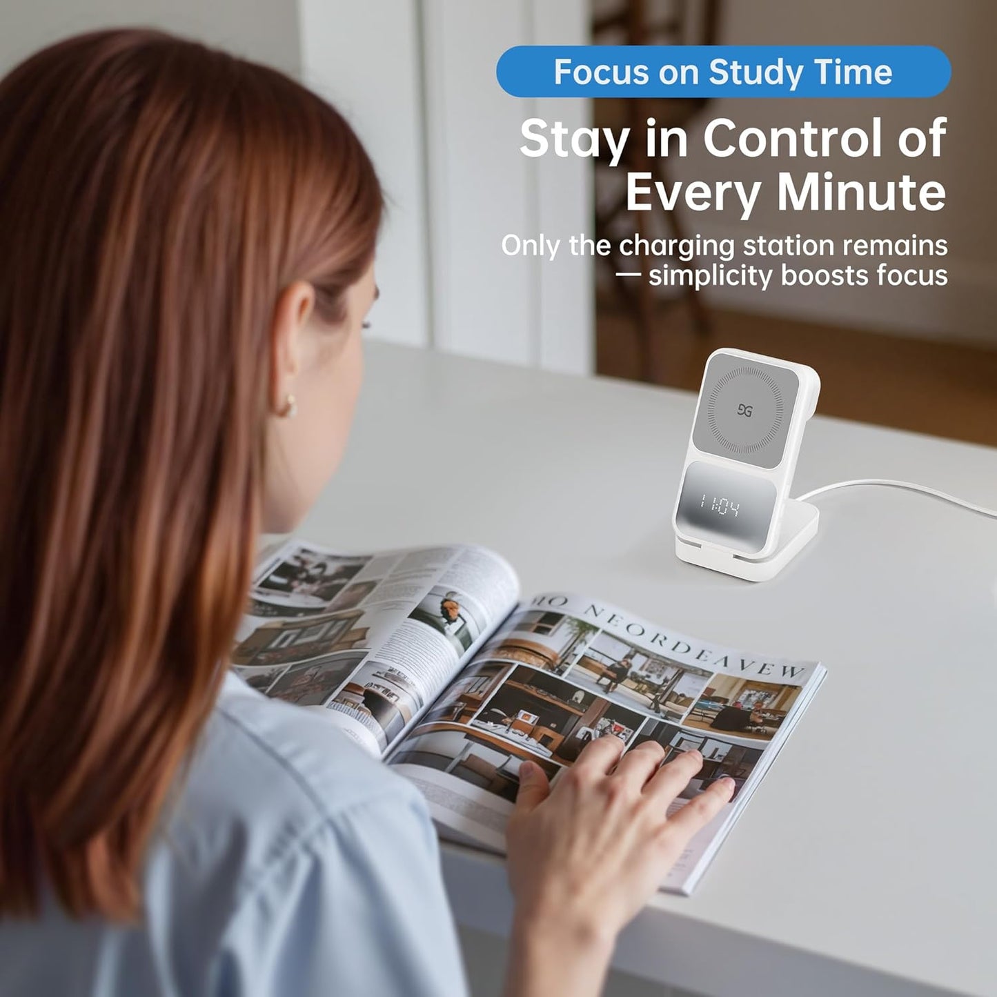 GUSGU MagTime 3 in 1 Wireless Charging Station with Real-Time Power and Time Display, Foldable Wireless Charger Stand, Compatible with iPhone 16/15/14/13/12, iWatch S1-10/Ultra, AirPods-White