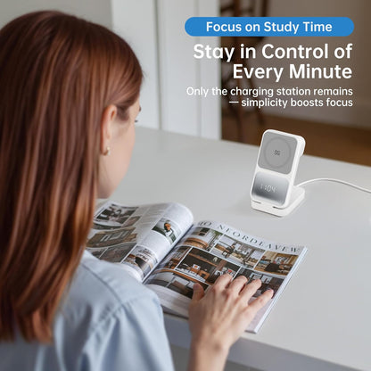GUSGU MagTime 3 in 1 Wireless Charging Station with Real-Time Power and Time Display, Foldable Wireless Charger Stand, Compatible with iPhone 16/15/14/13/12, iWatch S1-10/Ultra, AirPods-White