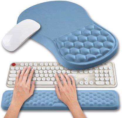 Hokafenle 2 in 1 Ergonomic Mouse Pad Wrist Support & Wrist Rest for Computer Keyboard Set, with Relieve Carpal Tunnel Pain Massage Bulge and Full Memory Gel Design (2In1 Set, Lake Blue)