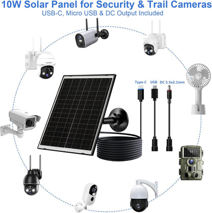 FUTUREZEN 10W Solar Panel for Security Camera, Trail Camera, Type-C Device, Solar Charger with USB-C, Micro USB & DC 5.5x2.1mm Port, IP66 Waterproof, Adjustable Mount, 7.2FT Cable