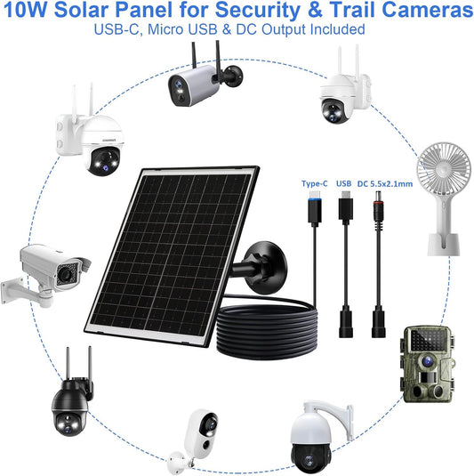 FUTUREZEN 10W Solar Panel for Security Camera, Trail Camera, Type-C Device, Solar Charger with USB-C, Micro USB & DC 5.5x2.1mm Port, IP66 Waterproof, Adjustable Mount, 7.2FT Cable