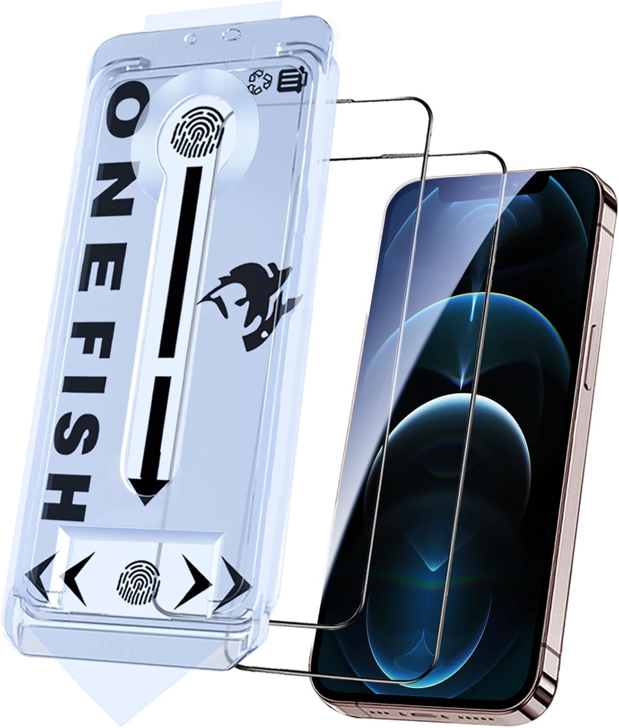 OneFish Glass Screen Protector for iphone 12 Pro Max, 9H Hardness Glass Scratch Resistant, HD Clarity Tempered Glass Film with Installation Frame, Shatterproof Bubble Free, Easy Installation,2Pack.