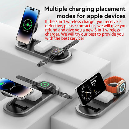 3 in 1 Fast Wireless Charger Stand for iPhone, Foldable Travel Charging Station for Magsafe for iPhone 17/Air/16/15/14/13/12 Series, Apple Watch Series, AirPods pro/2/3/4, Gifts for Women Men (Black)