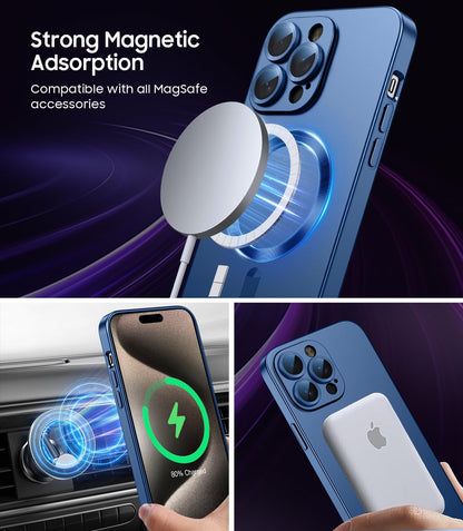 Magnetic for iPhone 15 Pro Max Case [Compatible with MagSafe][Built-in Camera Lens Protector] Slim Soft Silicone Bumper Shockproof Metallic Luster Phone Case (Blue)