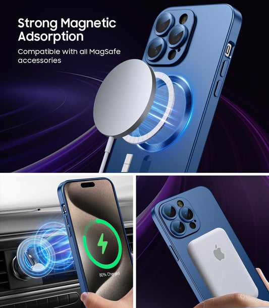 Magnetic for iPhone 15 Pro Max Case [Compatible with MagSafe][Built-in Camera Lens Protector] Slim Soft Silicone Bumper Shockproof Metallic Luster Phone Case (Blue)